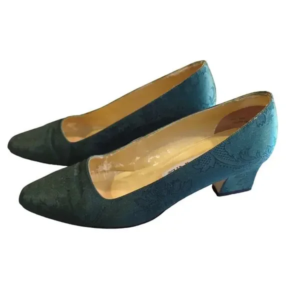 Connie Opulent IV Forest Green Patterned Fabric 2.25" Heels vintage women's Sz 9 - Picture 4 of 8